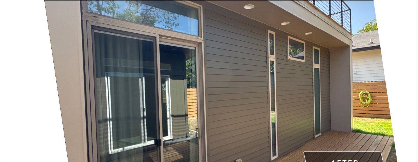 Before and after photo of a back exterior painted by Hill Country Painting in Austin, TX