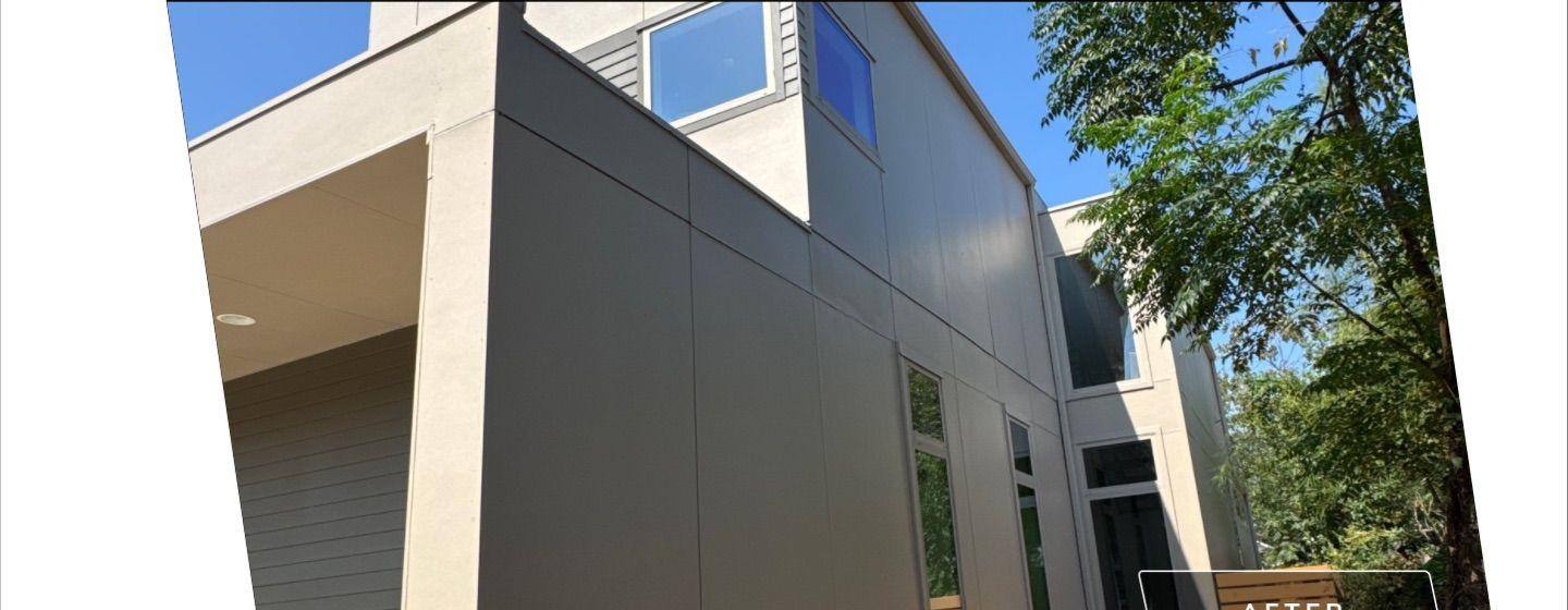Before and after photo of a house side exterior painted by Hill Country Painting in Austin, TX