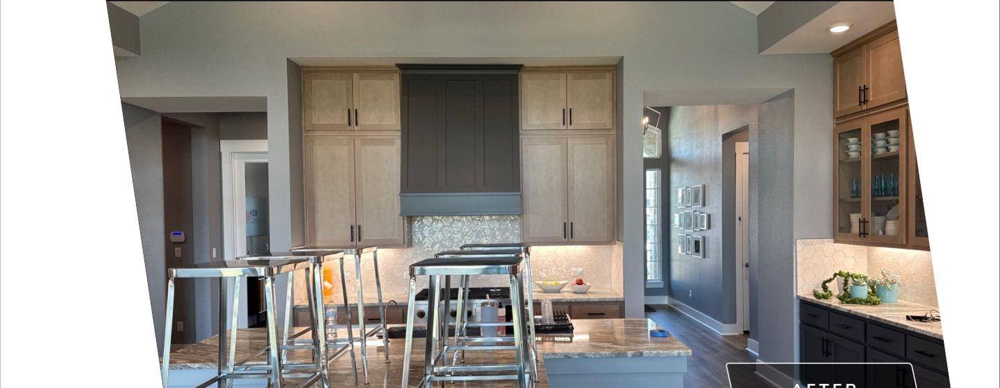 Before and after photo of a kitchen painted by Hill Country Painting in Liberty Hill, TX