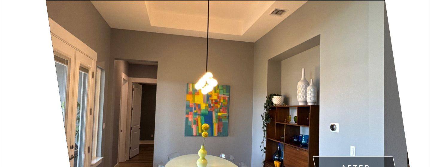 Before and after photo of a dining room painted by Hill Country Painting in Liberty Hill, TX