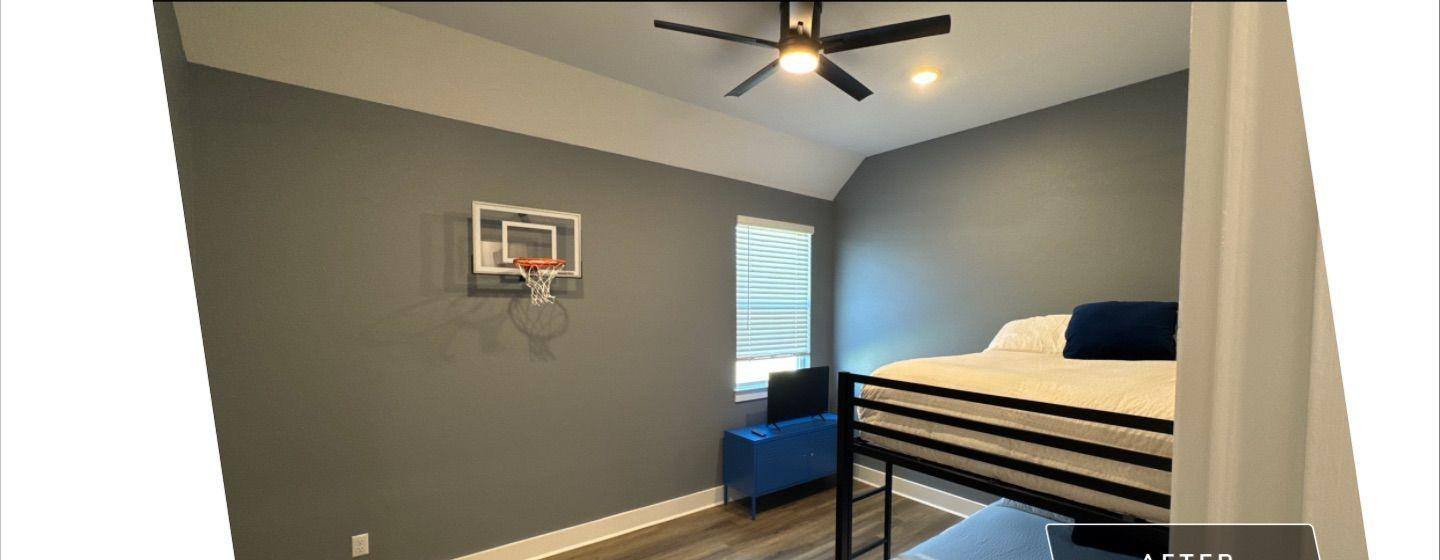 Before and after photo of a guest bedroom painted by Hill Country Painting in Liberty Hill, TX