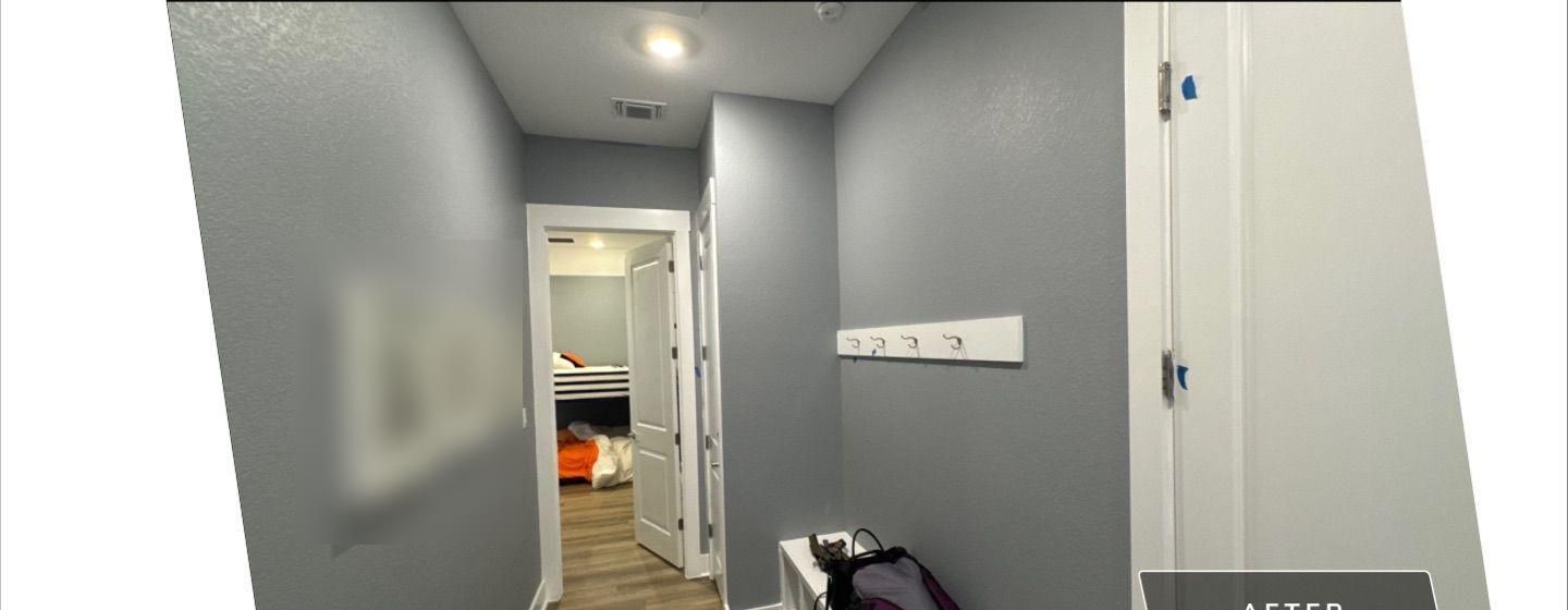 Before and after photo of a mudroom hallway painted by Hill Country Painting in Liberty Hill, TX