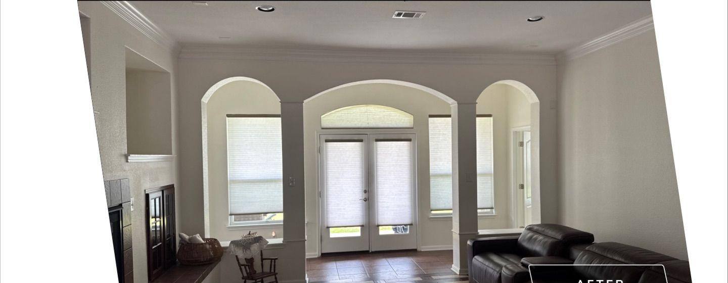 Before and after photo of a great room painted by Hill Country Painting in Round Rock, TX