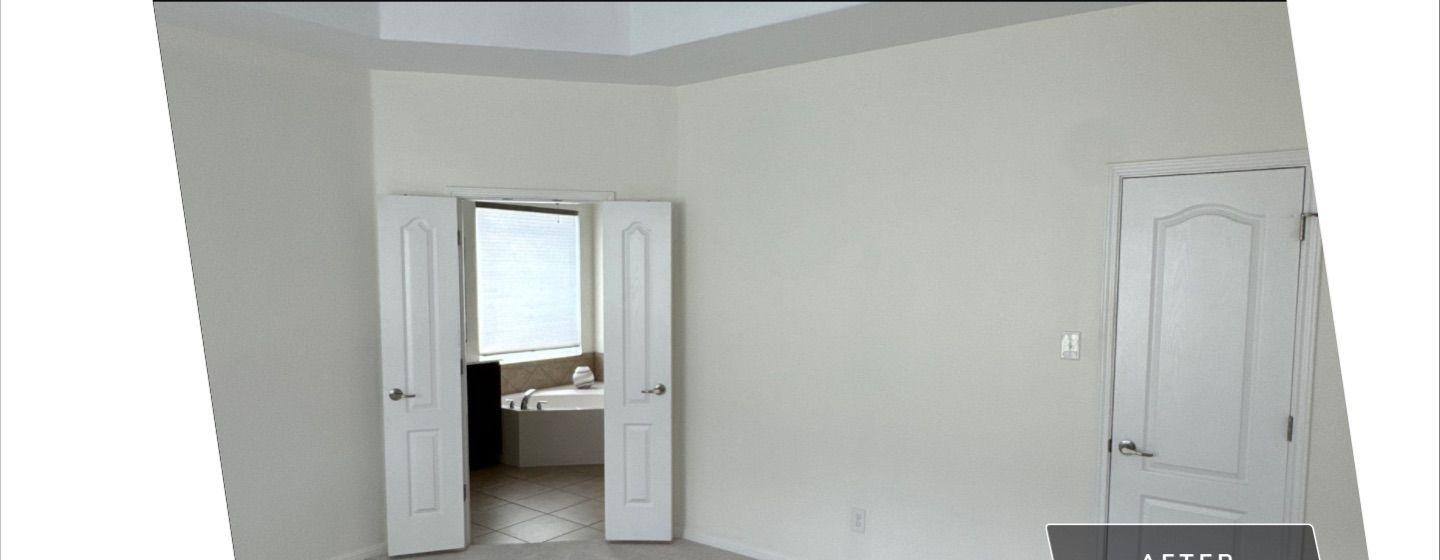 Before and after photo of a master bedroom painted by Hill Country Painting in Round Rock, TX