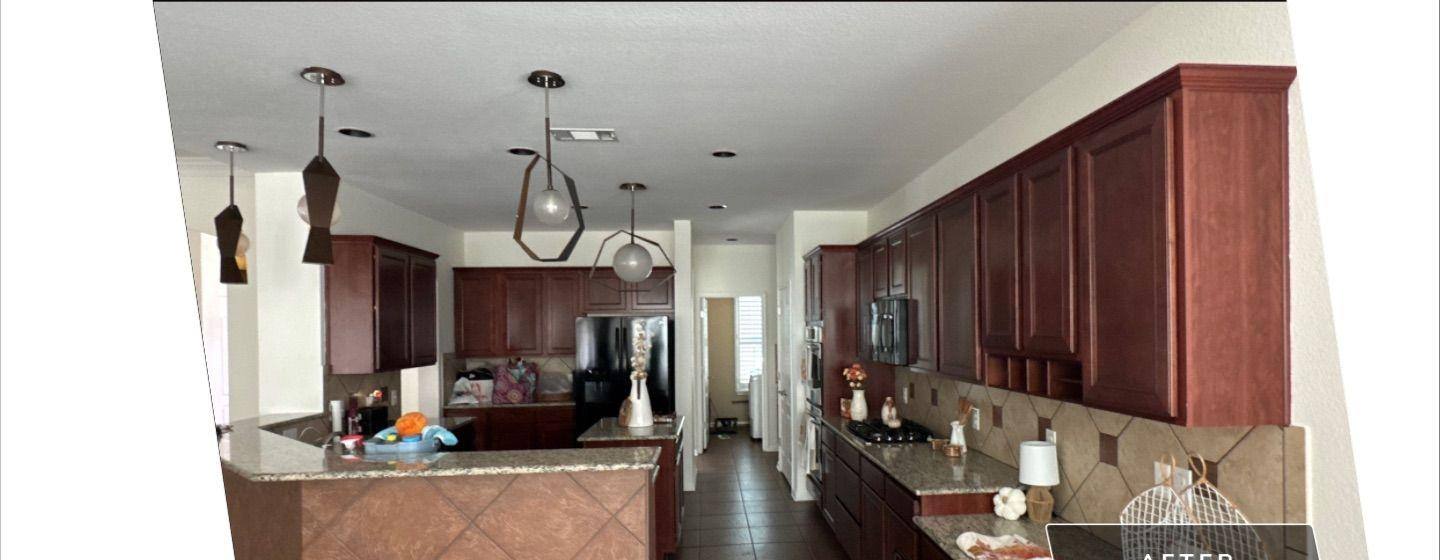 Before and after photo of a kitchen painted by Hill Country Painting in Round Rock, TX