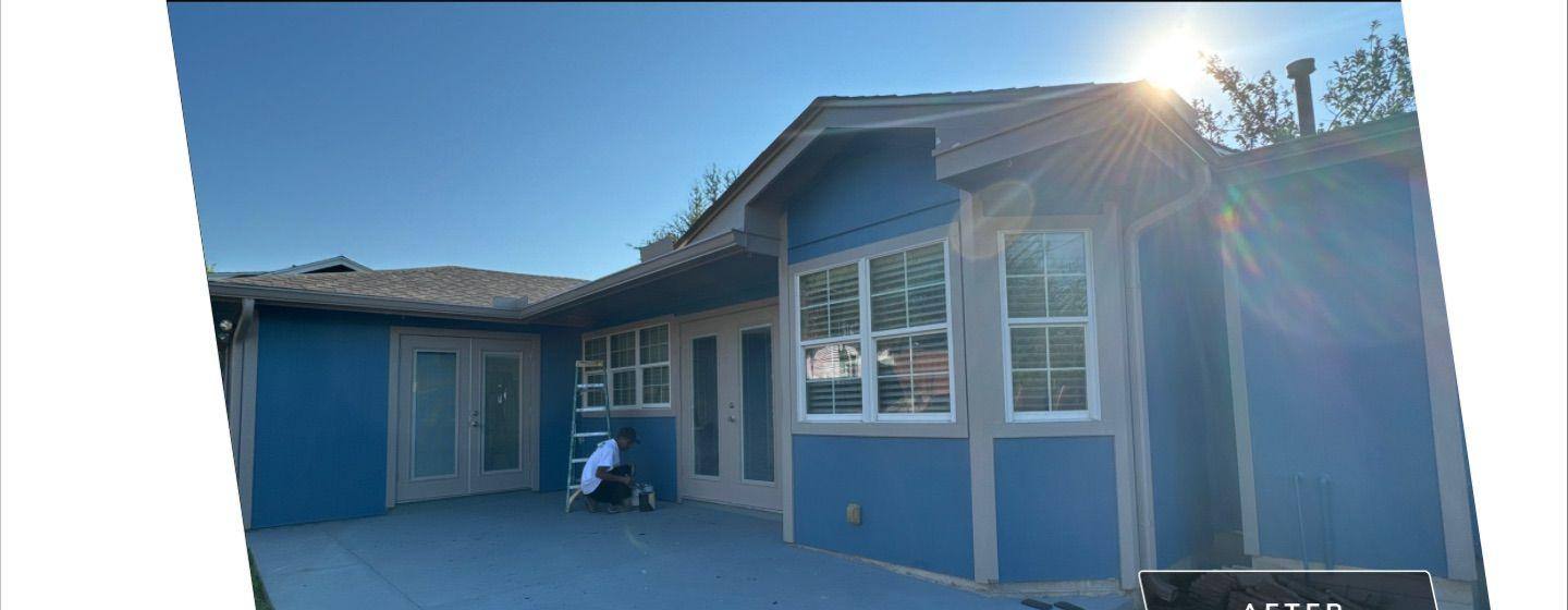 Before and after photo of a house exterior painted by Hill Country Painting in Austin, TX
