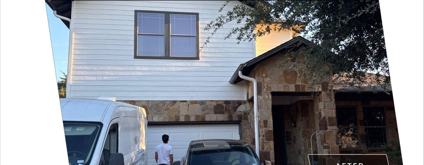Before and after photo of a two-story house exterior painted by Hill Country Painting in Buda, TX