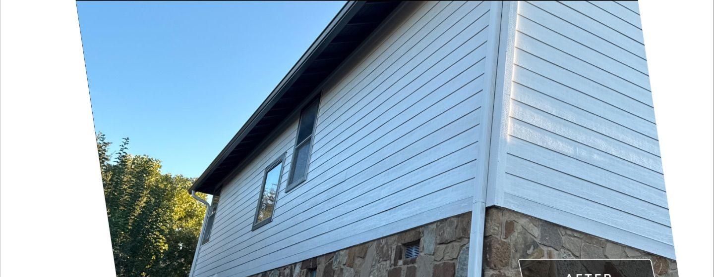 Before and after photo of a house exterior side painted by Hill Country Painting in Buda, TX