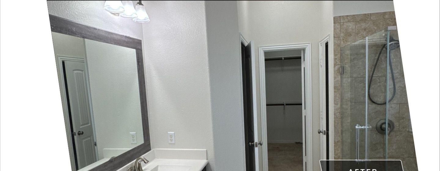Before and after photo of a master bathroom painted by Hill Country Painting in Georgetown, TX