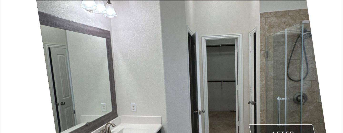 Before and after photo of a master bathroom painted by Hill Country Painting in Georgetown, TX