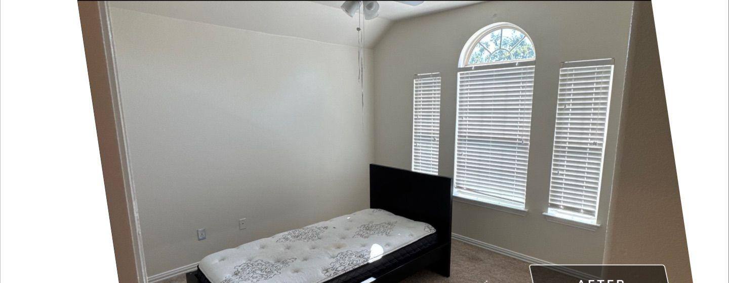 Before and after photo of a bedroom painted by Hill Country Painting in Georgetown, TX