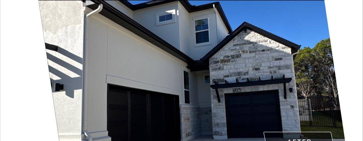 Before and after photo of a house exterior with garage painted by Hill Country Painting in Leander, TX