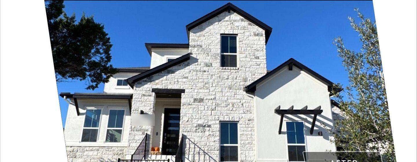 Before and after photo of a two-story house exterior painted by Hill Country Painting in Leander, TX