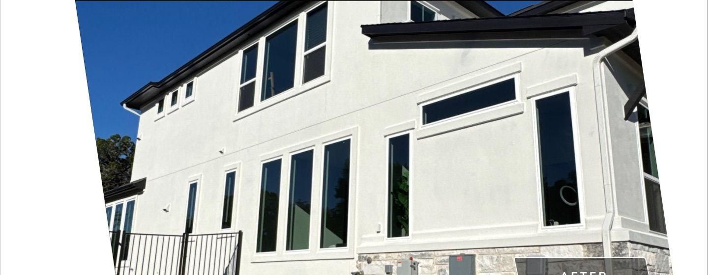 Before and after photo of a house exterior side painted by Hill Country Painting in Leander, TX
