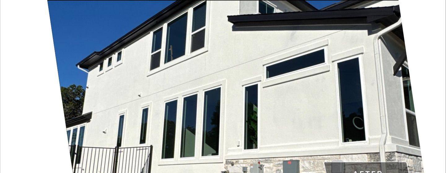 Before and after photo of a house exterior side painted by Hill Country Painting in Leander, TX