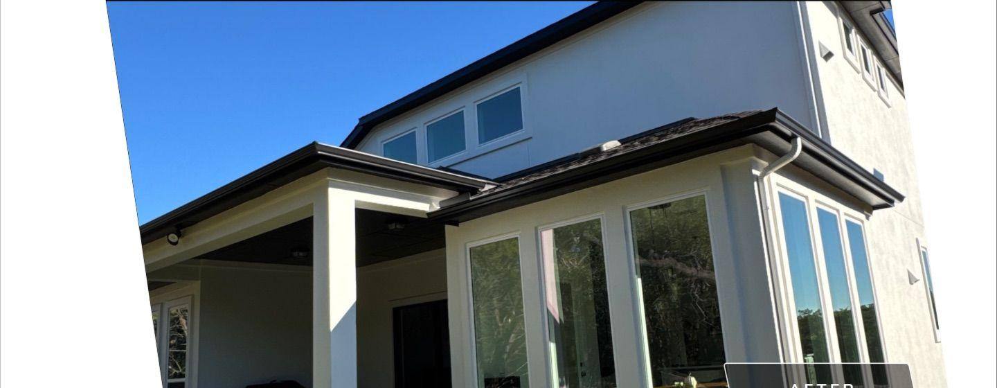 Before and after photo of a covered patio painted by Hill Country Painting in Leander, TX