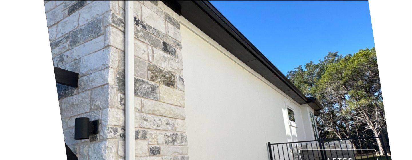 Before and after photo of a house exterior corner painted by Hill Country Painting in Leander, TX