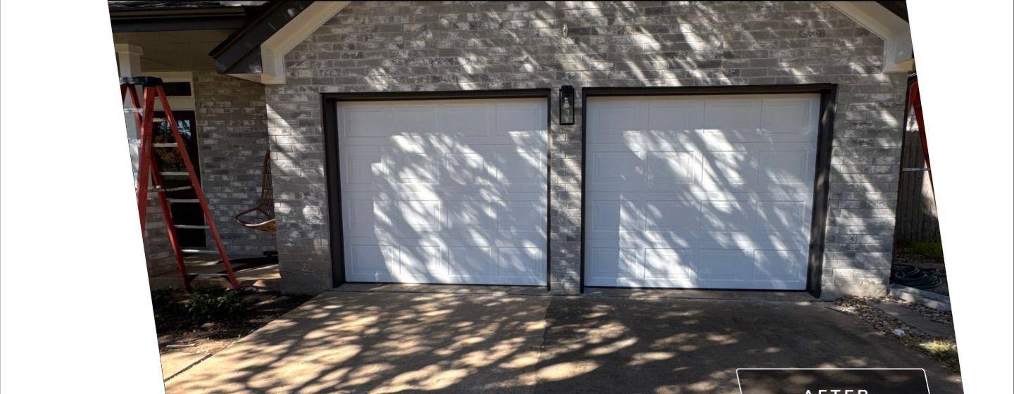 Before and after photo of a garage exterior painted by Hill Country Painting in Austin, TX