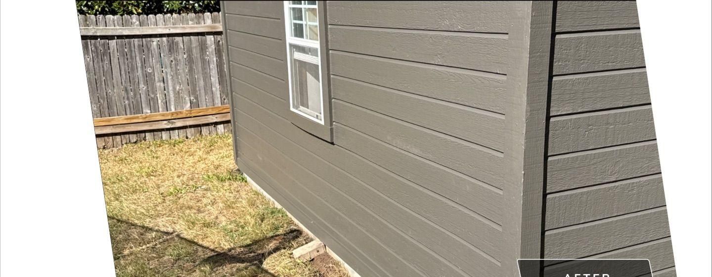 Before and after photo of a shed exterior painted by Hill Country Painting in Austin, TX