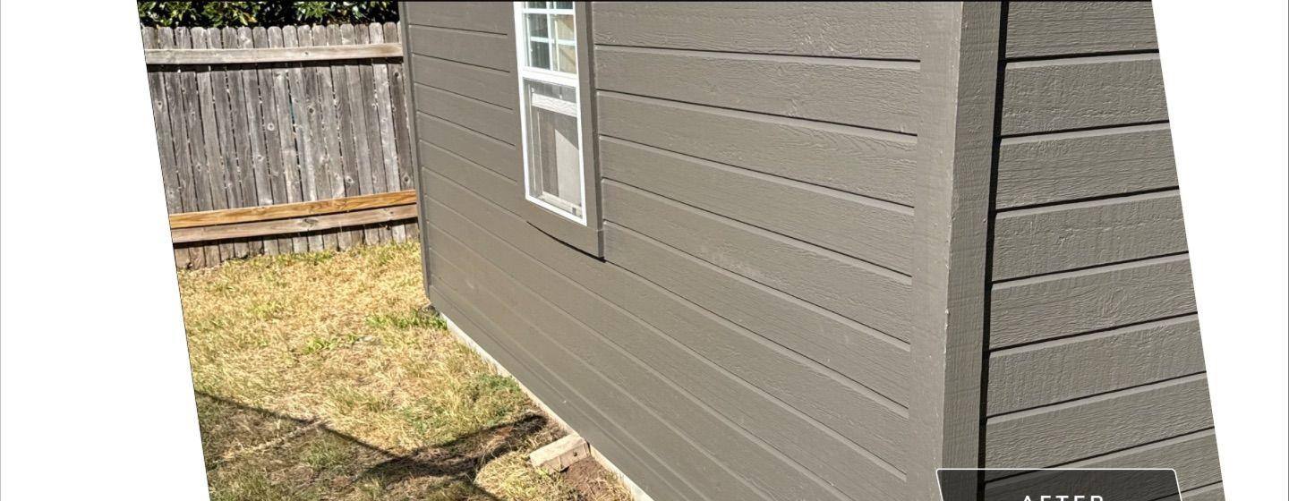 Before and after photo of a shed exterior painted by Hill Country Painting in Austin, TX