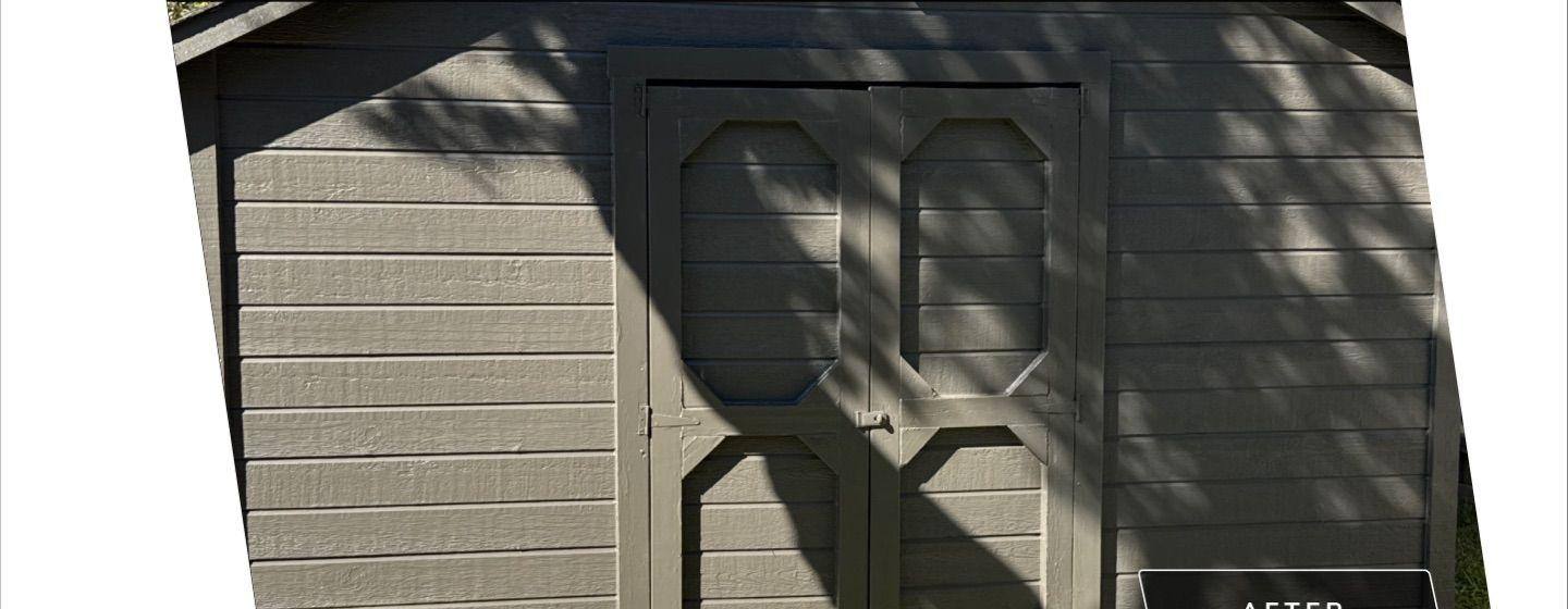 Before and after photo of shed doors painted by Hill Country Painting in Austin, TX