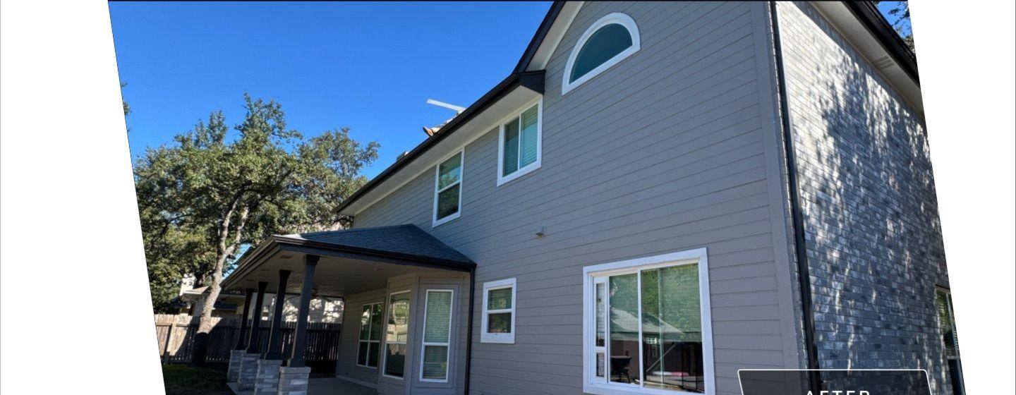 Before and after photo of a house exterior back painted by Hill Country Painting in Austin, TX