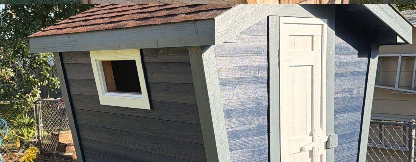 Before and after photo of a shed exterior painted by Hill Country Painting in Taylor, TX