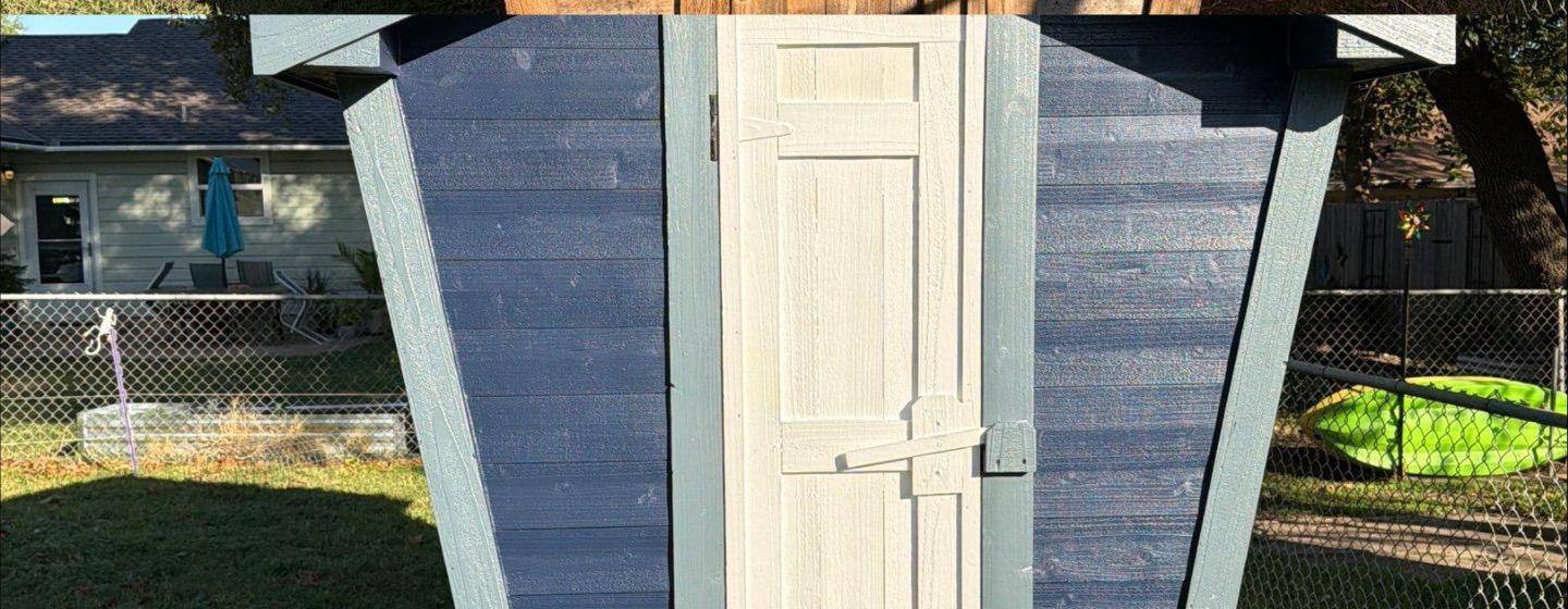 Before and after photo of a shed door painted by Hill Country Painting in Taylor, TX