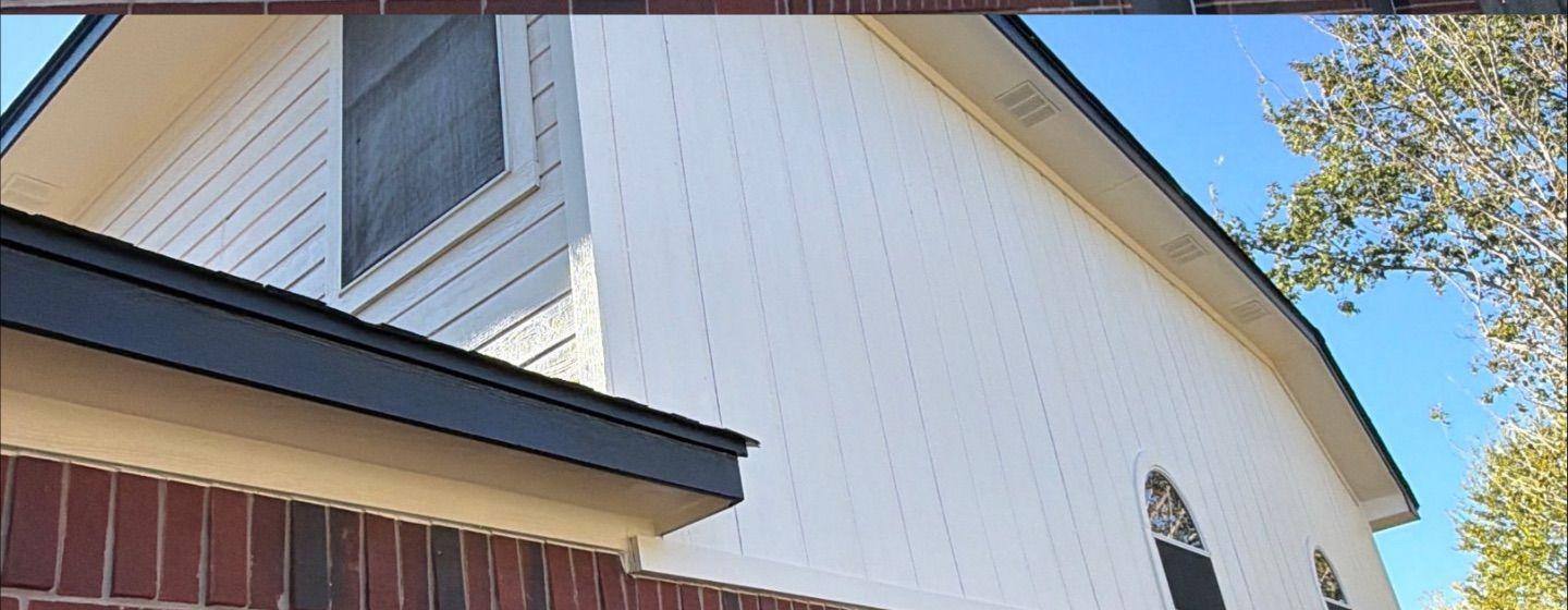Before and after photo of a house exterior gable painted by Hill Country Painting in Round Rock, TX