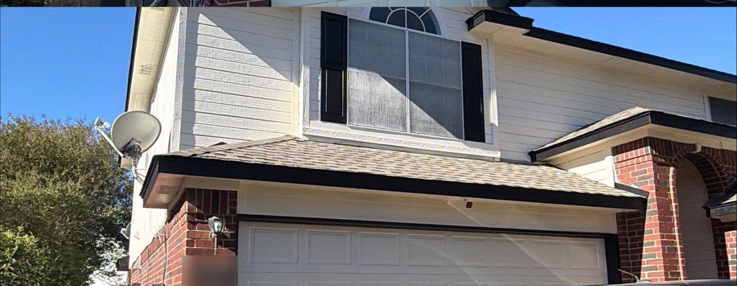 Before and after photo of a garage exterior painted by Hill Country Painting in Round Rock, TX