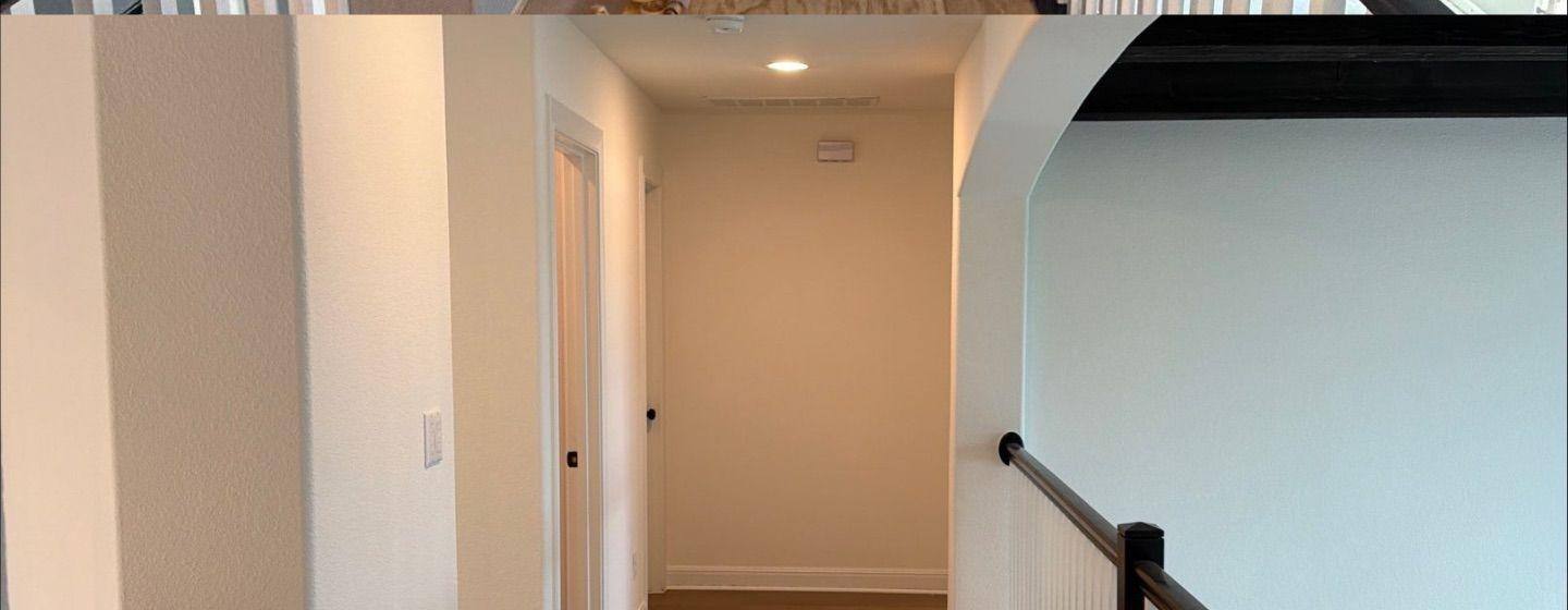 Before and after photo of an upstairs hallway painted by Hill Country Painting in Leander, TX