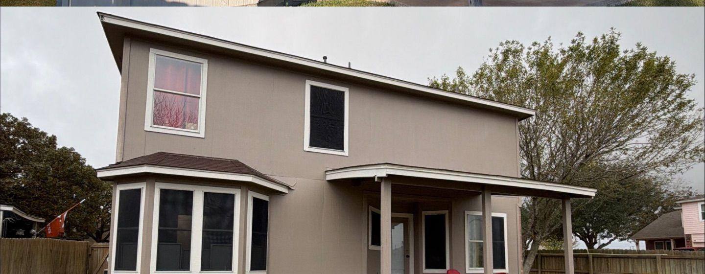 Before and after photo of a house exterior back painted by Hill Country Painting in Lockhart, TX