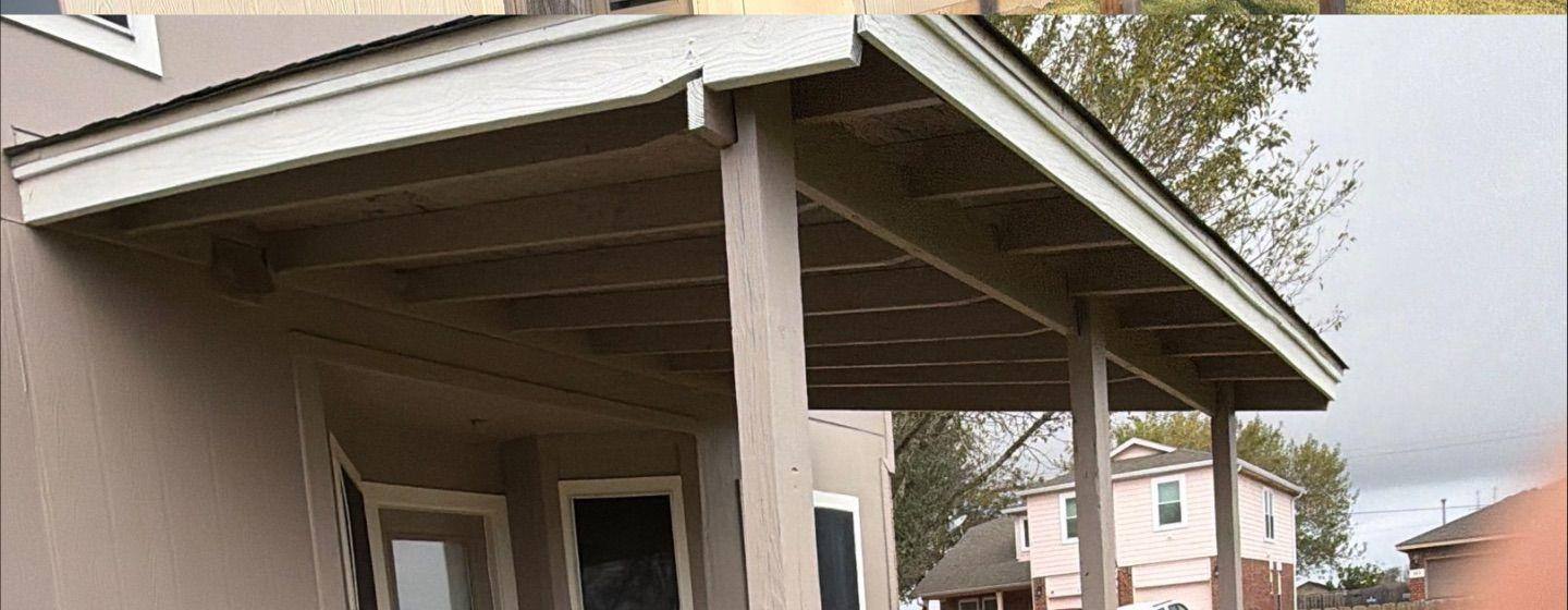 Before and after photo of a back porch ceiling painted by Hill Country Painting in Lockhart, TX