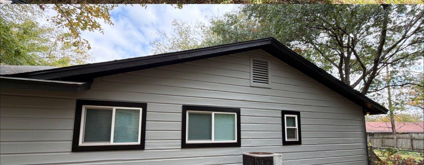 Before and after photo of a house exterior side painted by Hill Country Painting in Austin, TX