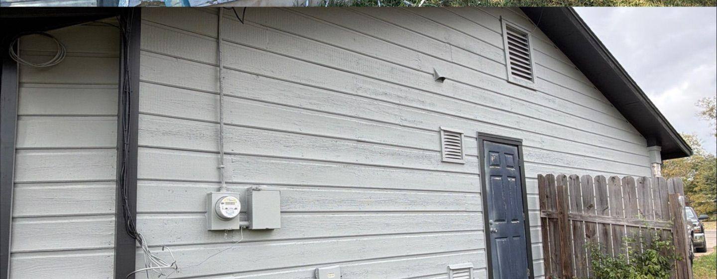 Before and after photo of a house exterior side painted by Hill Country Painting in Austin, TX