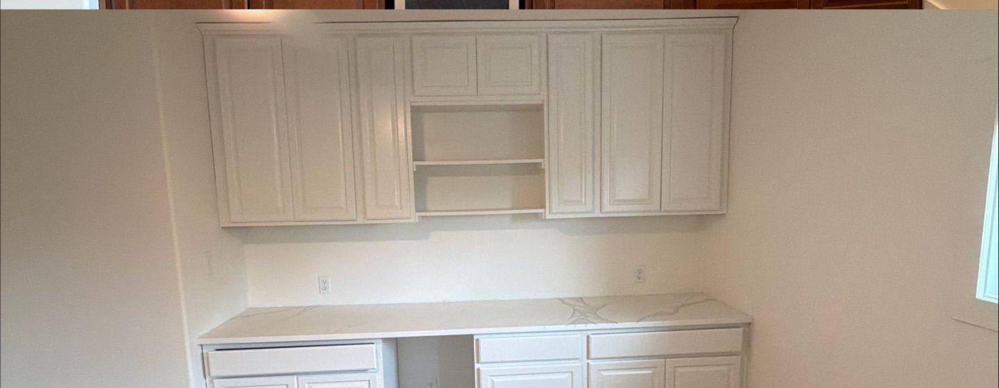Before and after photo of built-in cabinets painted by Hill Country Painting in Austin, TX
