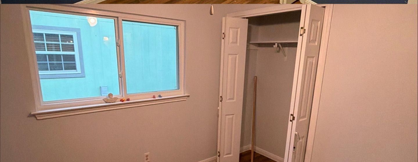 Before and after photo of a bedroom closet and window area painted by Hill Country Painting in Pflugerville, TX