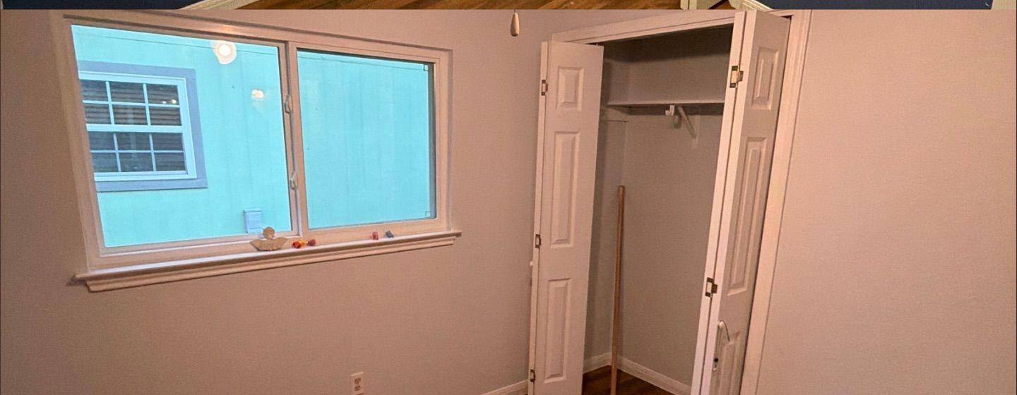 Before and after photo of a bedroom closet and window area painted by Hill Country Painting in Pflugerville, TX