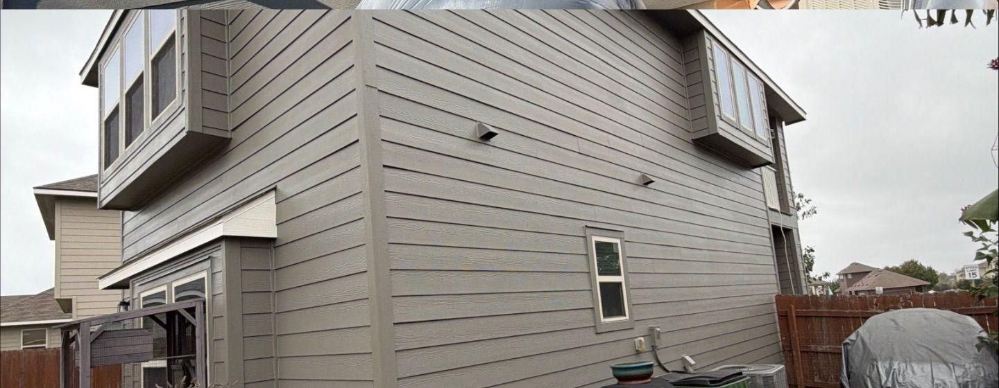 Before and after photo of a house exterior side painted by Hill Country Painting in Leander, TX