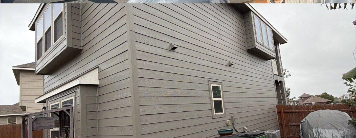 Before and after photo of a house exterior side painted by Hill Country Painting in Leander, TX