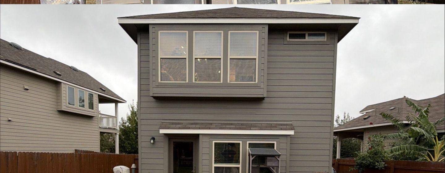 Before and after photo of a two-story house exterior painted by Hill Country Painting in Leander, TX