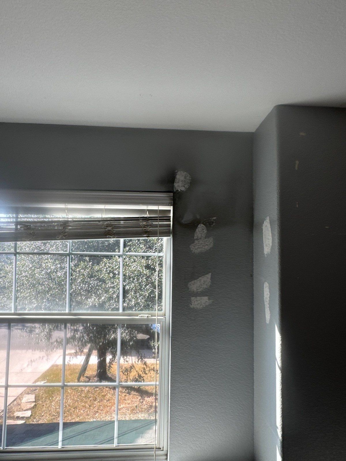 Filled nail holes on a bedroom wall, ahead of touch-up painting, in Leander, TX by Hill Country Painting