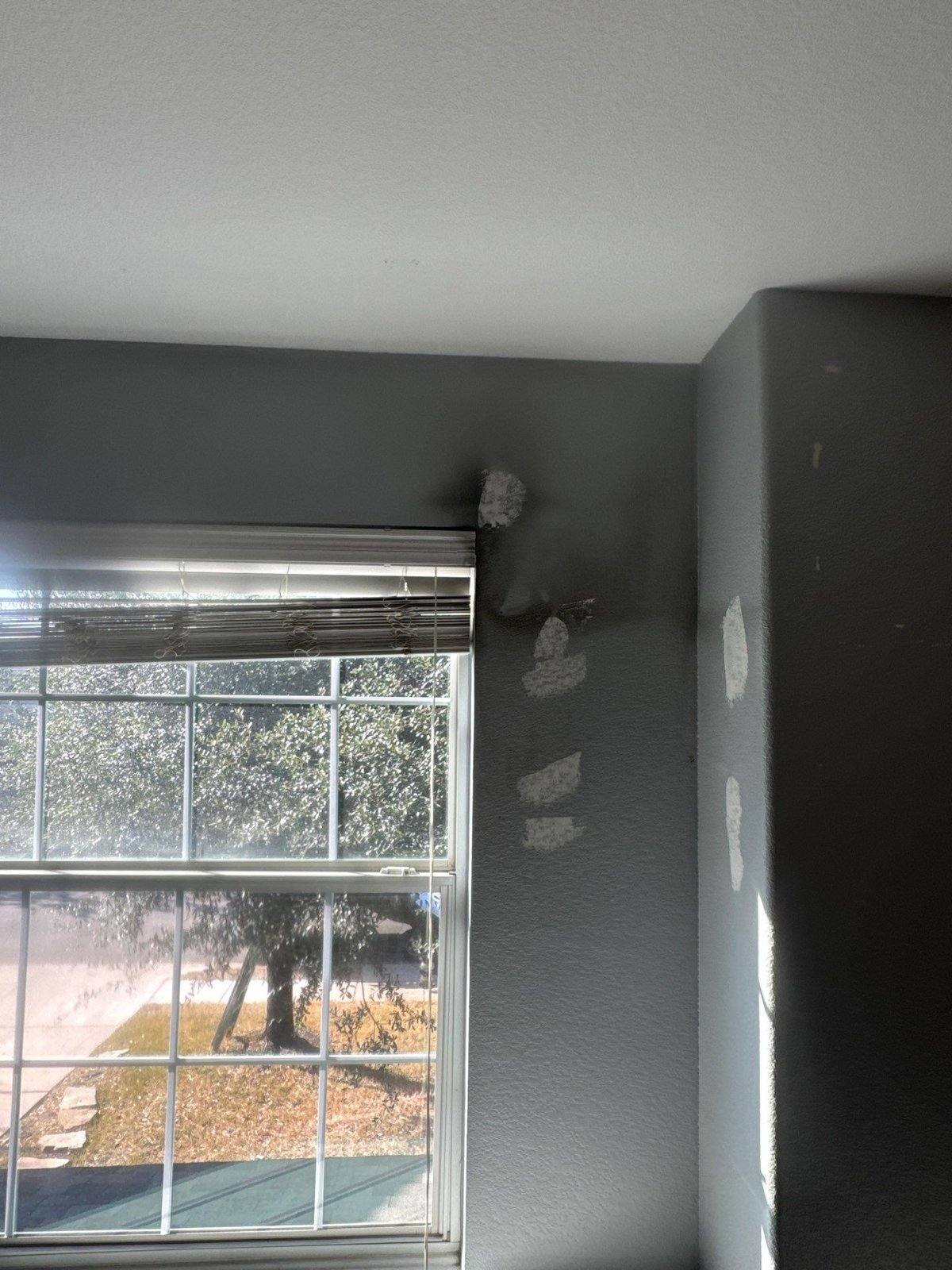 Filled nail holes on a bedroom wall, ahead of touch-up painting, in Leander, TX by Hill Country Painting