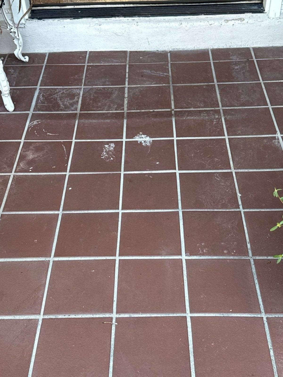 Existing paint staining on the front entry tile, documented ahead of work in Round Rock, TX by Hill Country Painting