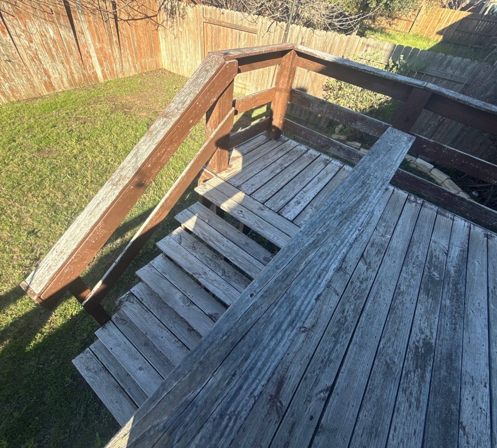 Deck stairs ahead of staining in Cedar Park, TX by Hill Country Painting