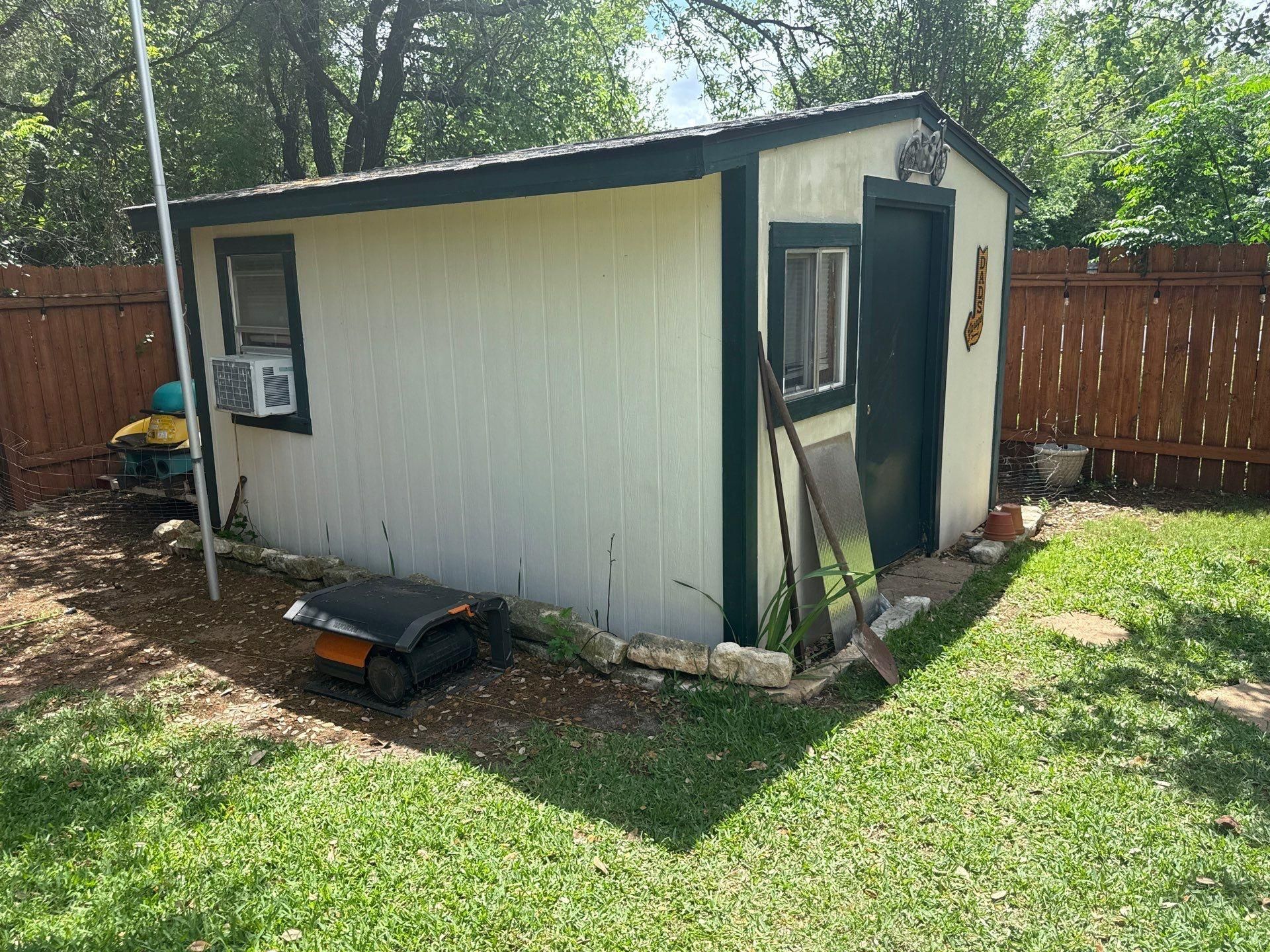 Detached backyard structure ahead of exterior painting in Cedar Park, TX by Hill Country Painting