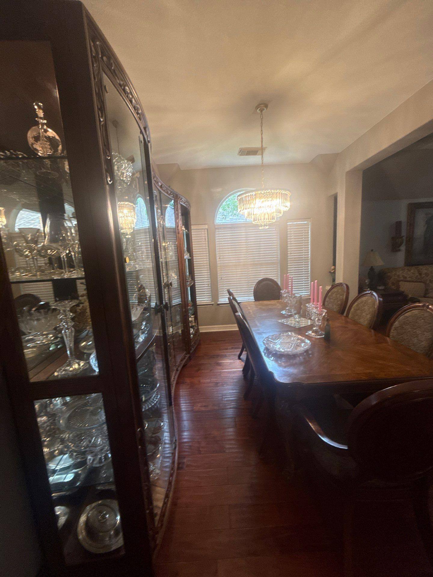 Dining room ceiling with chandelier in a home on Laurel Bay Loop in Round Rock, TX by Hill Country Painting