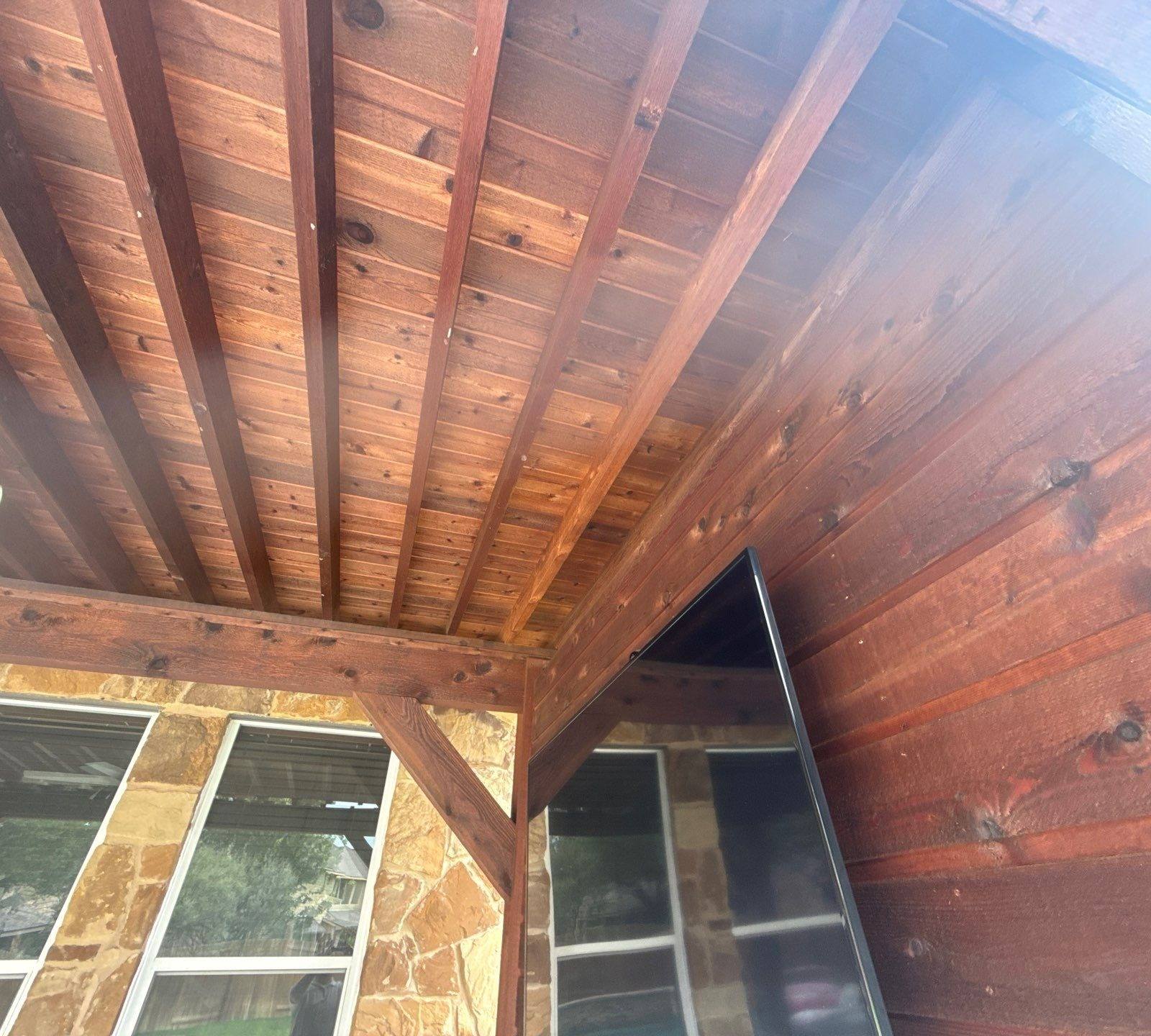 Pergola wood ceiling detail at a home on Avery Woods Ln in Cedar Park, TX prepared for a painting estimate by Hill Country Painting