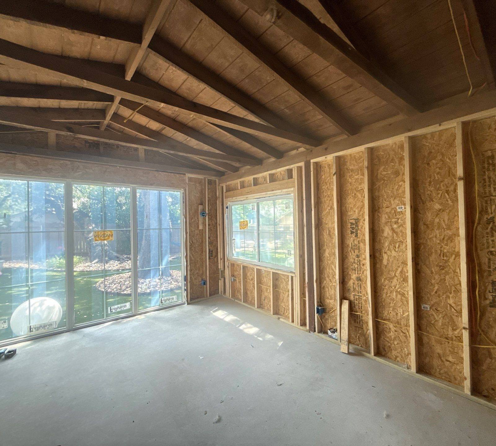 Interior framing of a home addition on Alhambra Dr in Austin, TX ahead of interior painting by Hill Country Painting