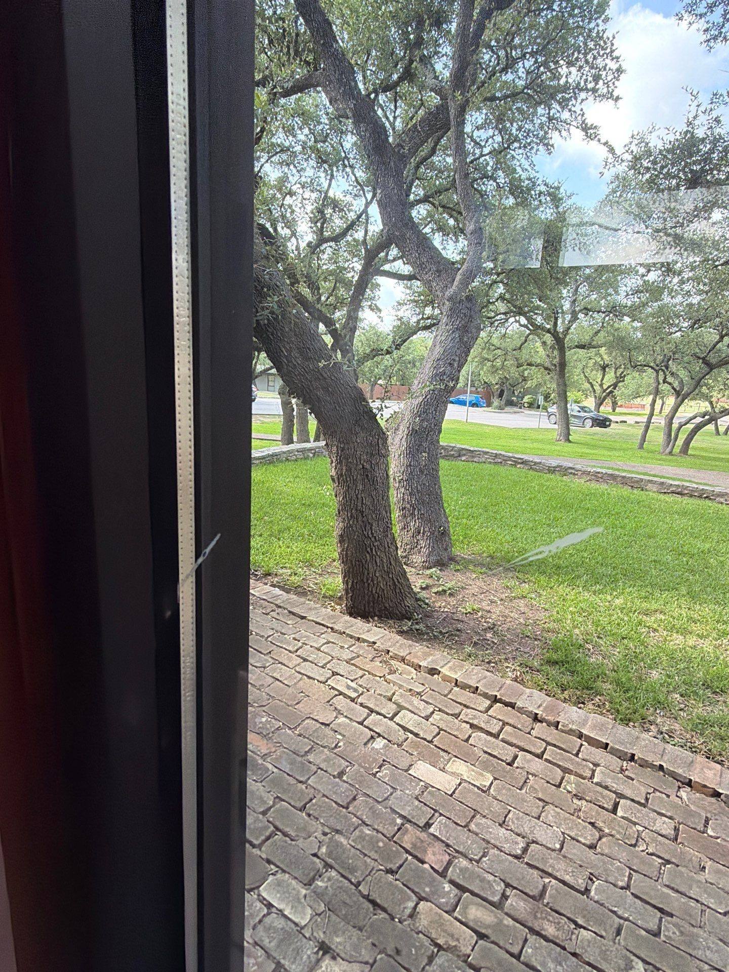View through a window toward the grounds at a property on St Stephens Dr in Austin, TX ahead of interior trim painting by Hill Country Painting